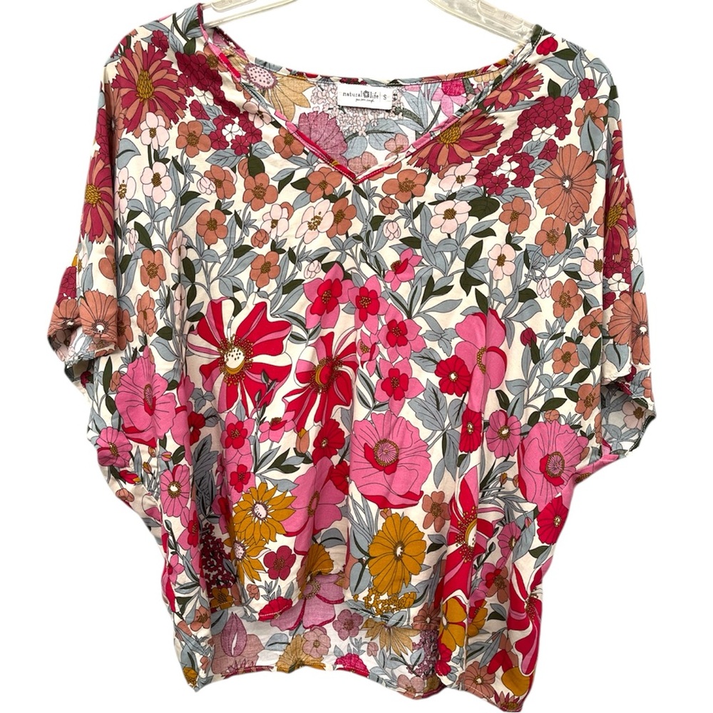Natural Life Rayon Floral Blouse Small Oversized V-Neck Resort Beach Cruise Top